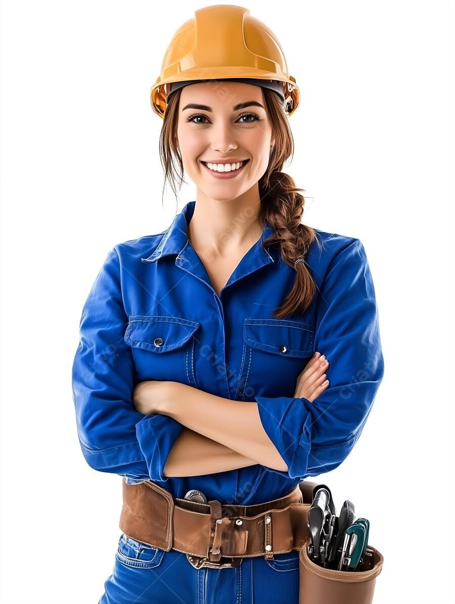 Mulher encantadora sorrindo uniforme azul construção