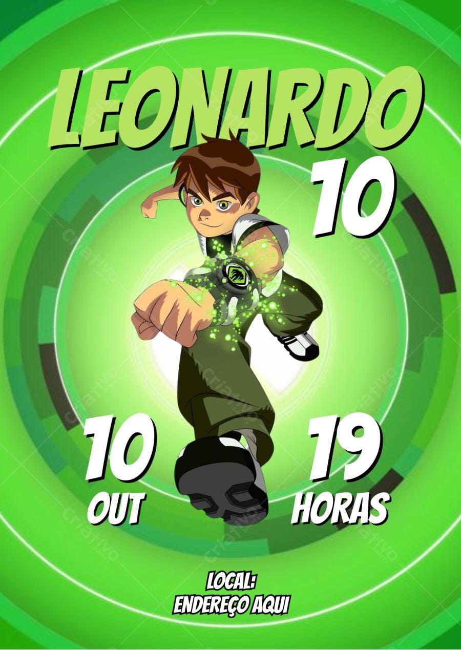 Convite de aniversário Ben 10 verde e preto Editável no Canva