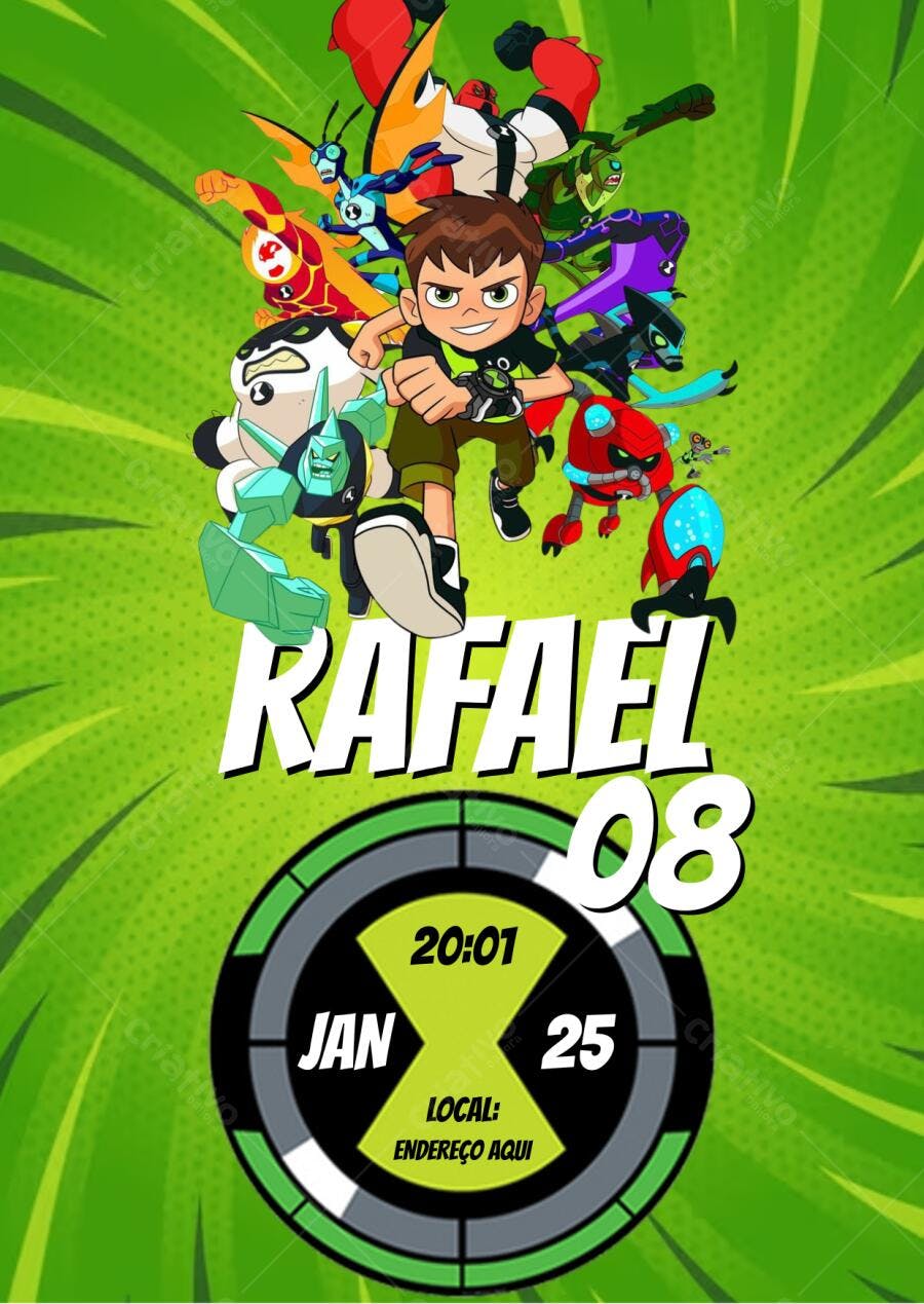 Convite de Aniversário Ben 10 Verde e personagens Editável no Canva
