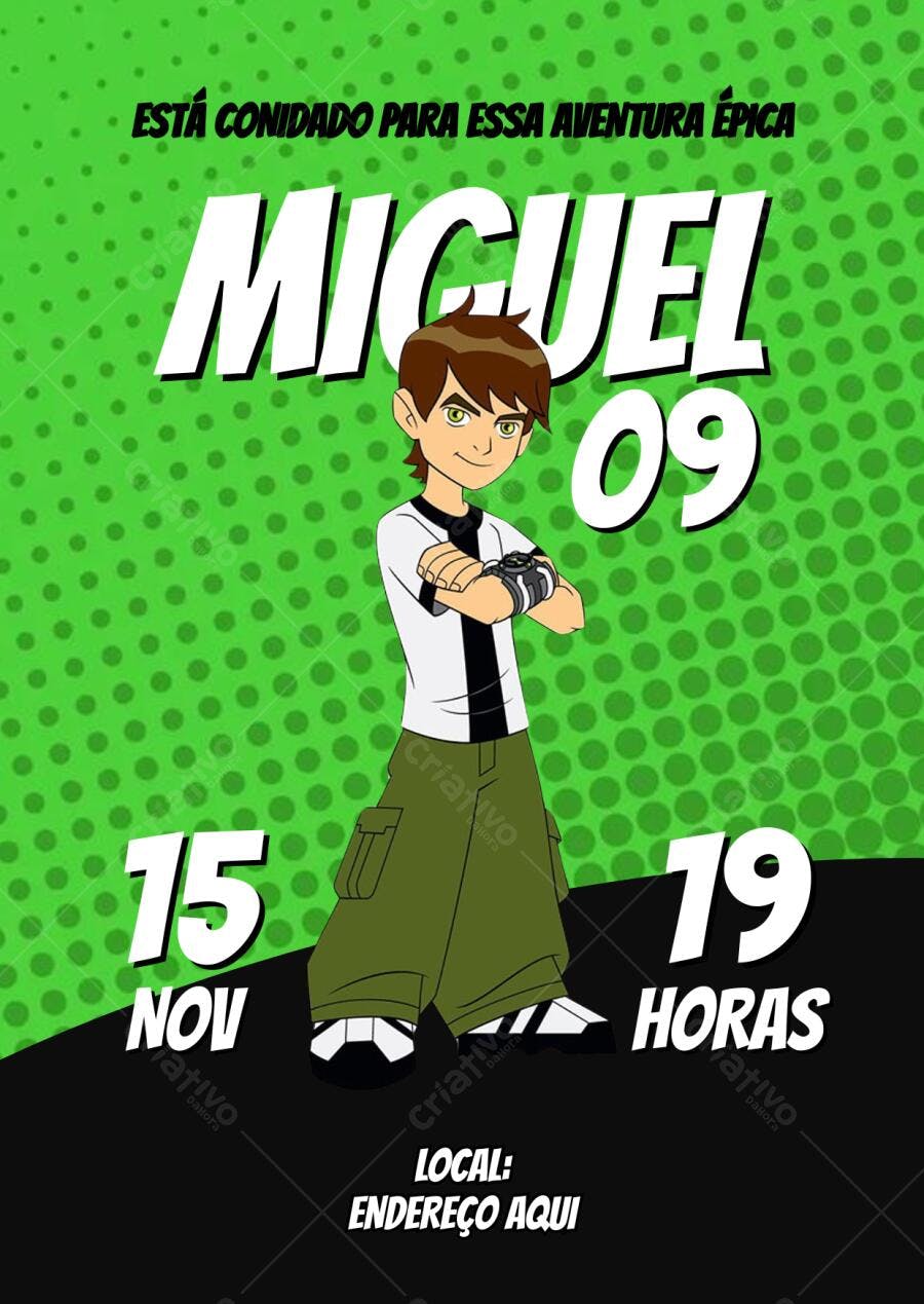 Convite de Aniversário Ben 10 Verde e Preto Editável no Canva