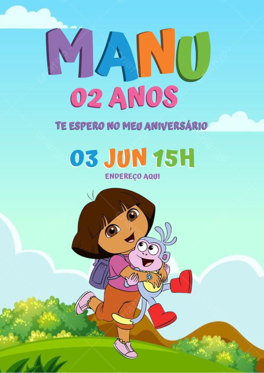 Convite de Aniversário Dora Aventura 2 Anos Editável no Canva