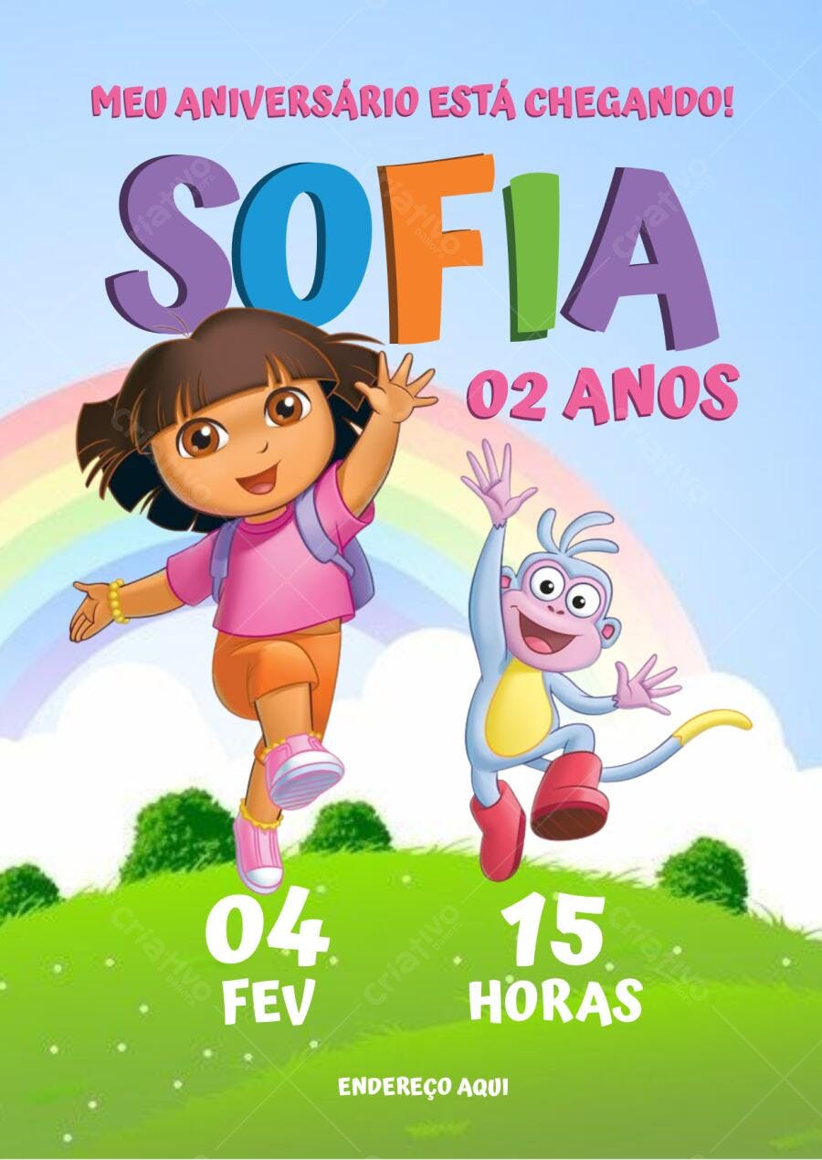 Convite de Aniversário Infantil Dora Aventureira Editável no Canva