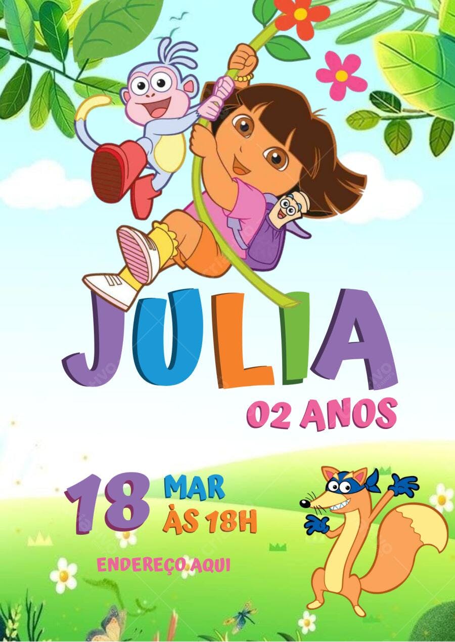 Convite de Aniversário Dora Aventura Editável no Canva