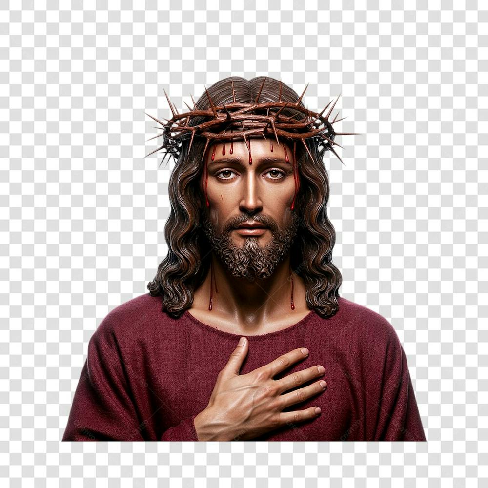 Jesus Cristo com mão no peito com coroa de espinhos