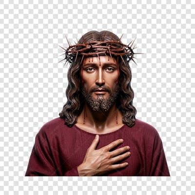 Jesus Cristo com mão no peito com coroa de espinhos