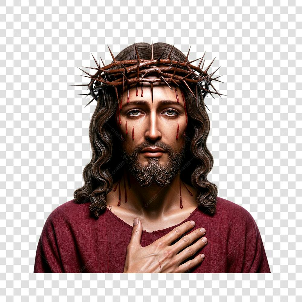 Jesus Cristo com mão no peito com coroa