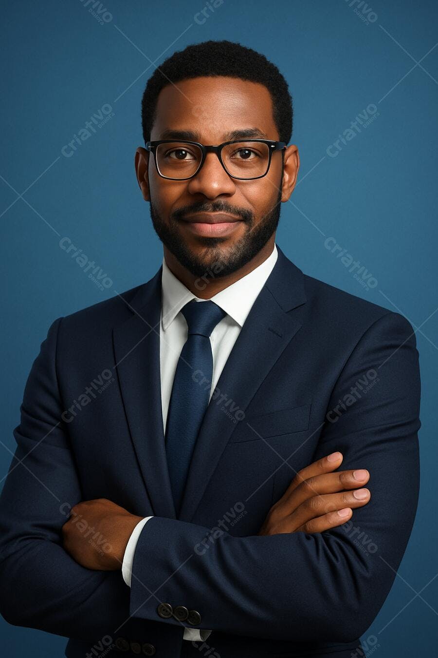 Homem negro de terno azul marinho fundo azul