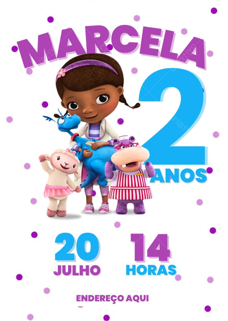 Convite de Aniversário Infantil Doutora Brinquedos Editável no Canva