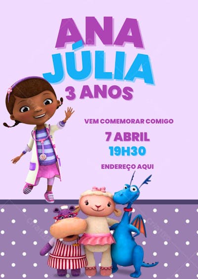 Convite aniversário infantil Doutora brinquedos vem comemorar