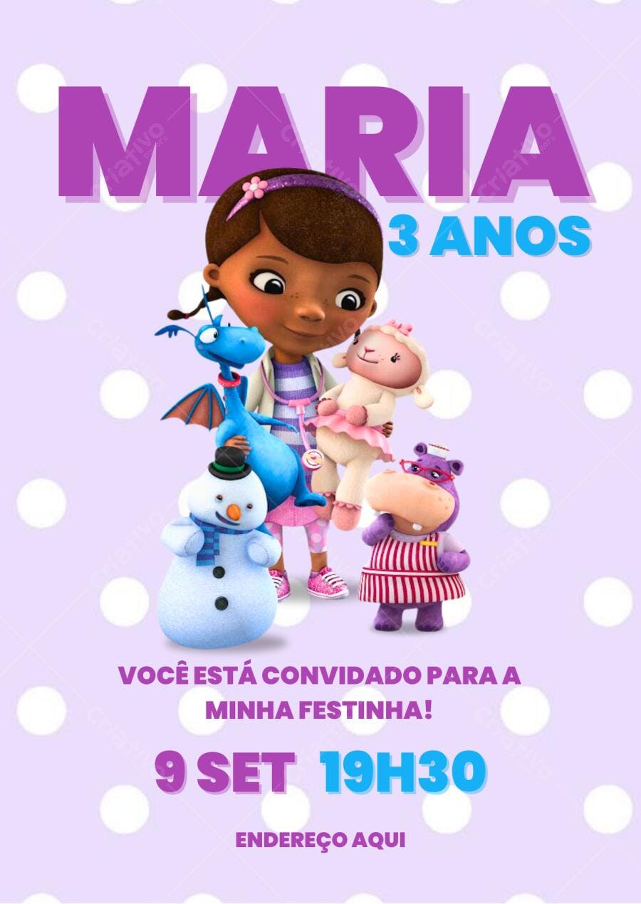 Convite de Aniversário Infantil Doutora Brinquedos Editável no Canva