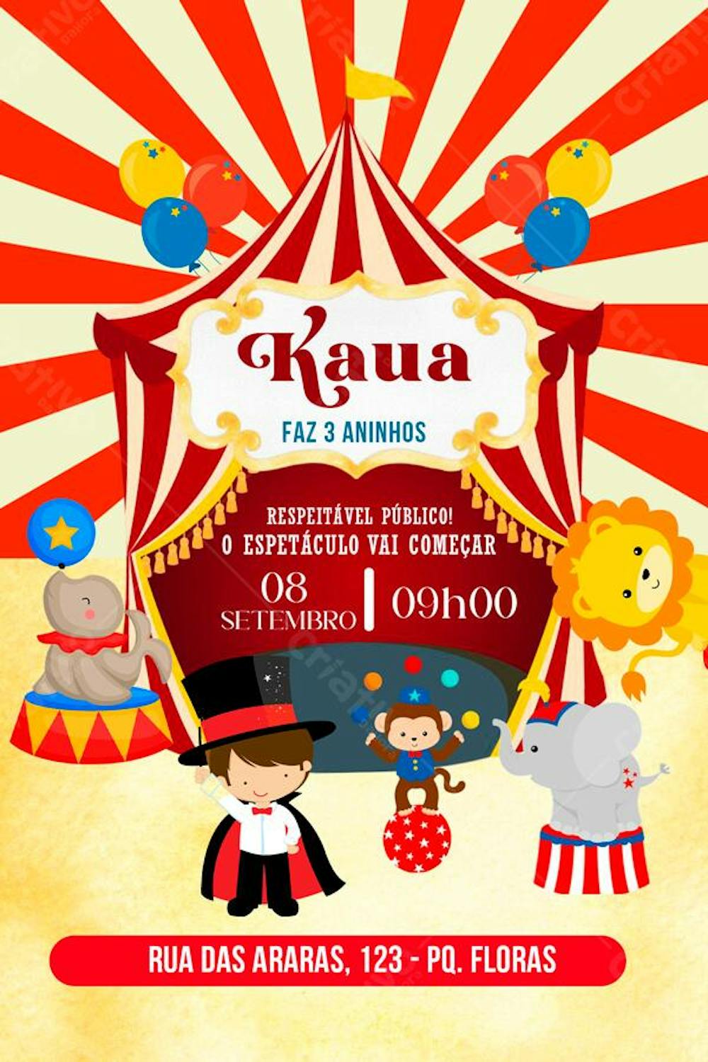 Convite de Aniversário Infantil Personalizado Circo Menino Editável no Canva