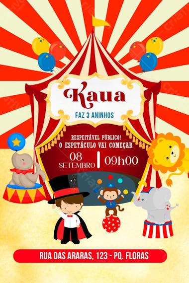 Convite de Aniversário Infantil Personalizado Circo Menino Editável no Canva