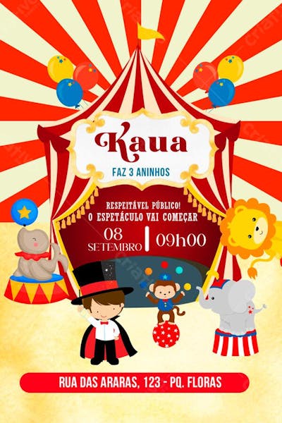 Convite de Aniversário Infantil Personalizado Circo Menino Editável no Canva