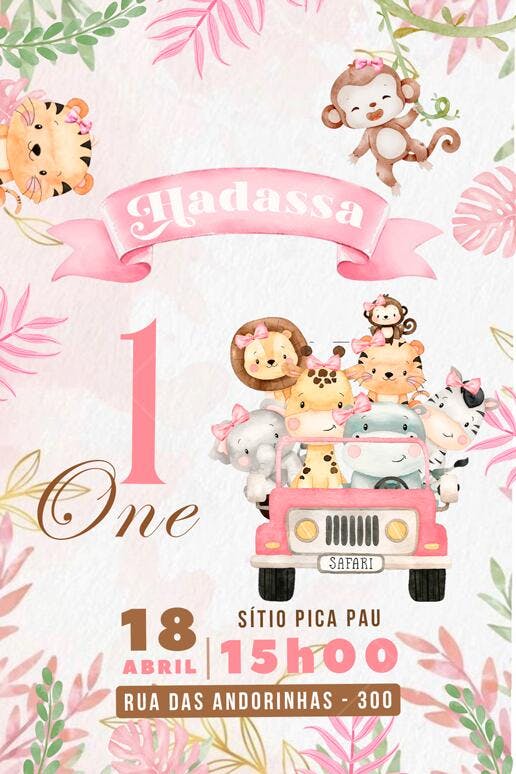 Convite Primeiro Aniversário Safari Rosa Animais Editável no Canva