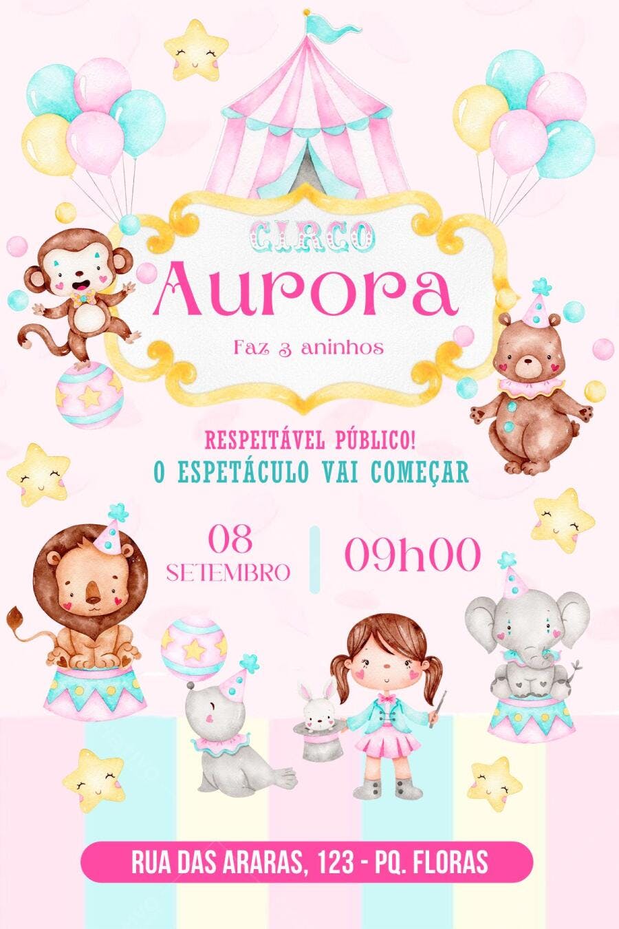 Convite de aniversário infantil Circo Aurora com animais fofos Editável no Canva