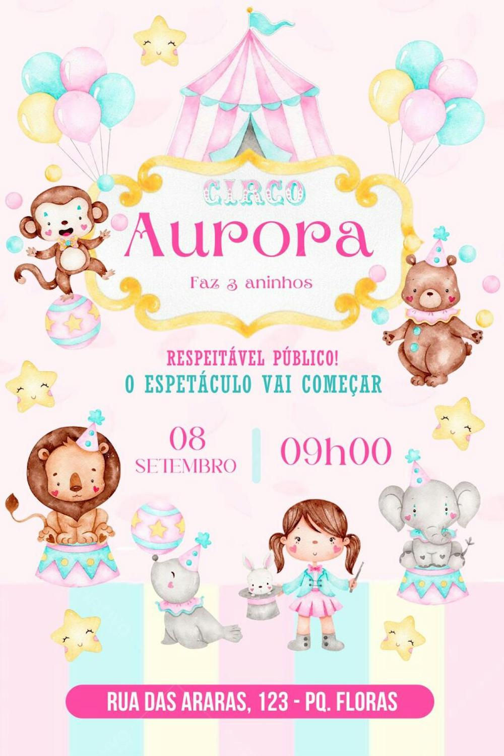 Convite de Aniversário Infantil Personalizado Circo Rosa Editável no Canva