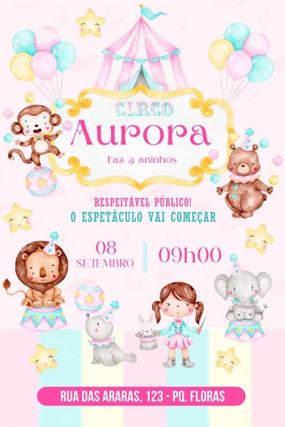 Convite de Aniversário Infantil Personalizado Circo Rosa Editável no Canva