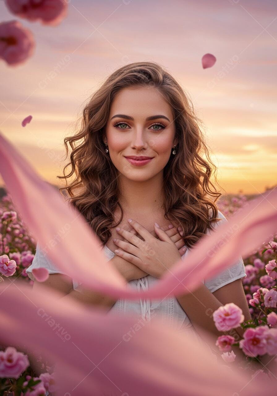 Mulher em campo de rosas ao pôr do sol