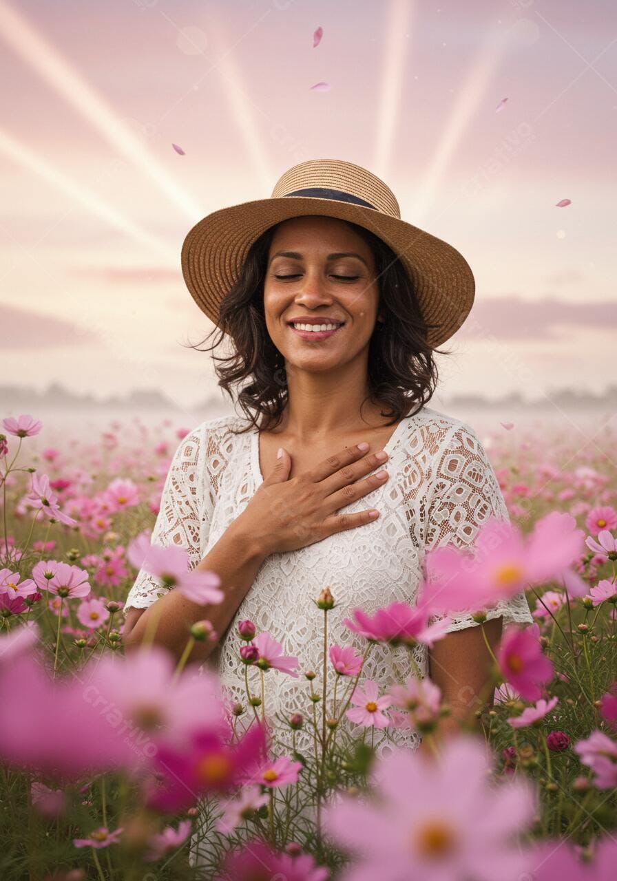Mulher serena em campo de flores ao amanhecer