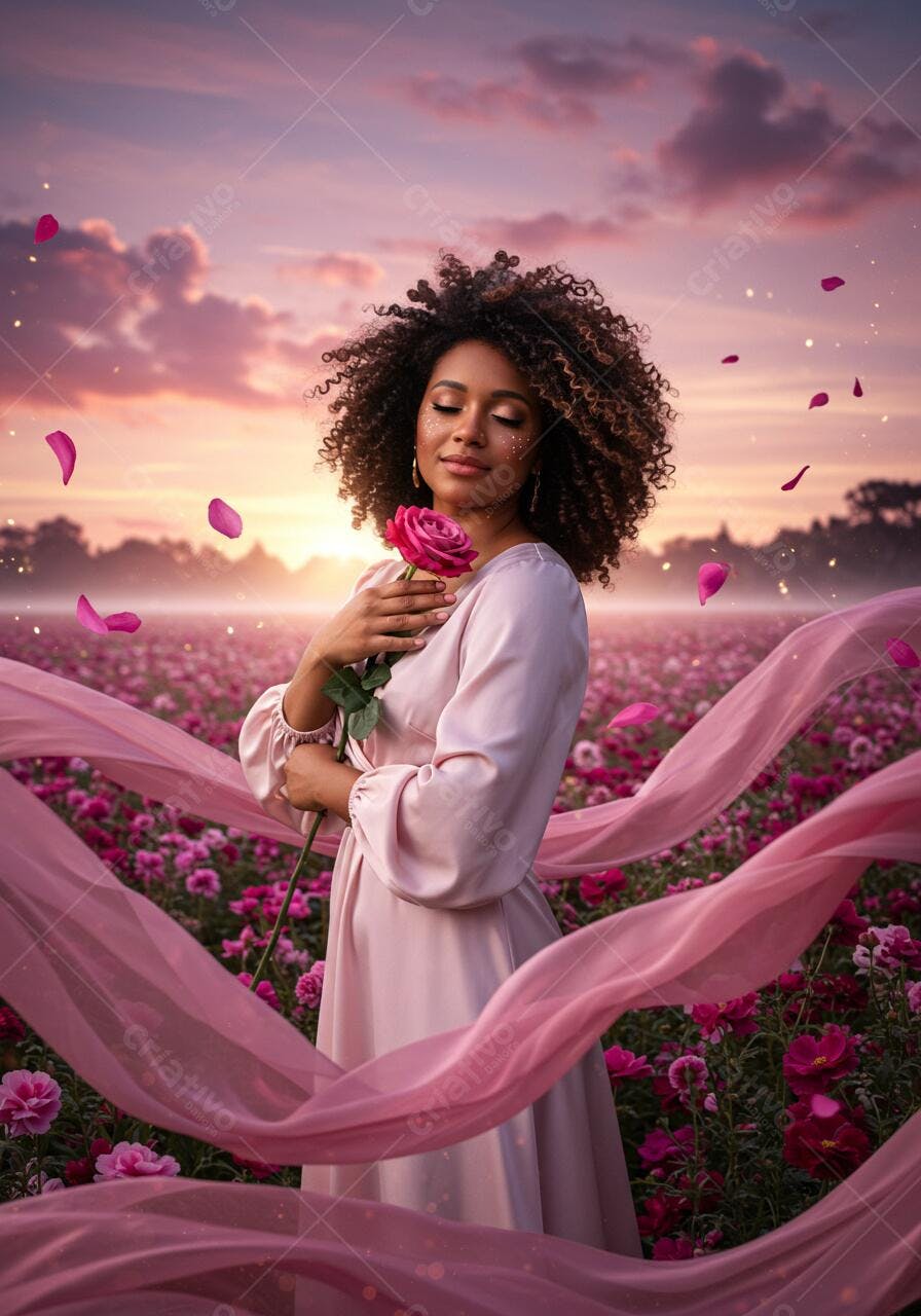Mulher negra em vestido rosa segurando rosa ao entardecer