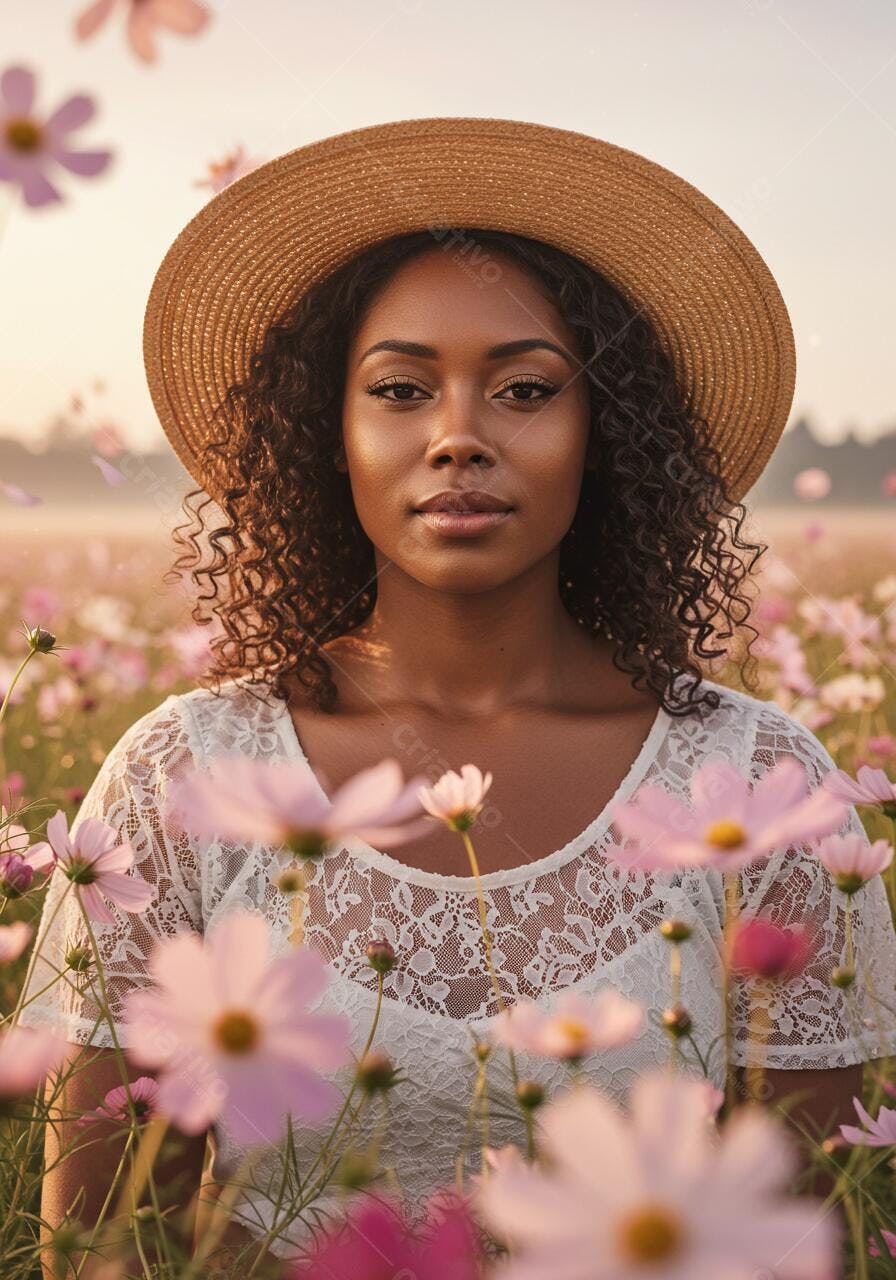 Mulher negra em campo de flores rosa usando chapéu de palha