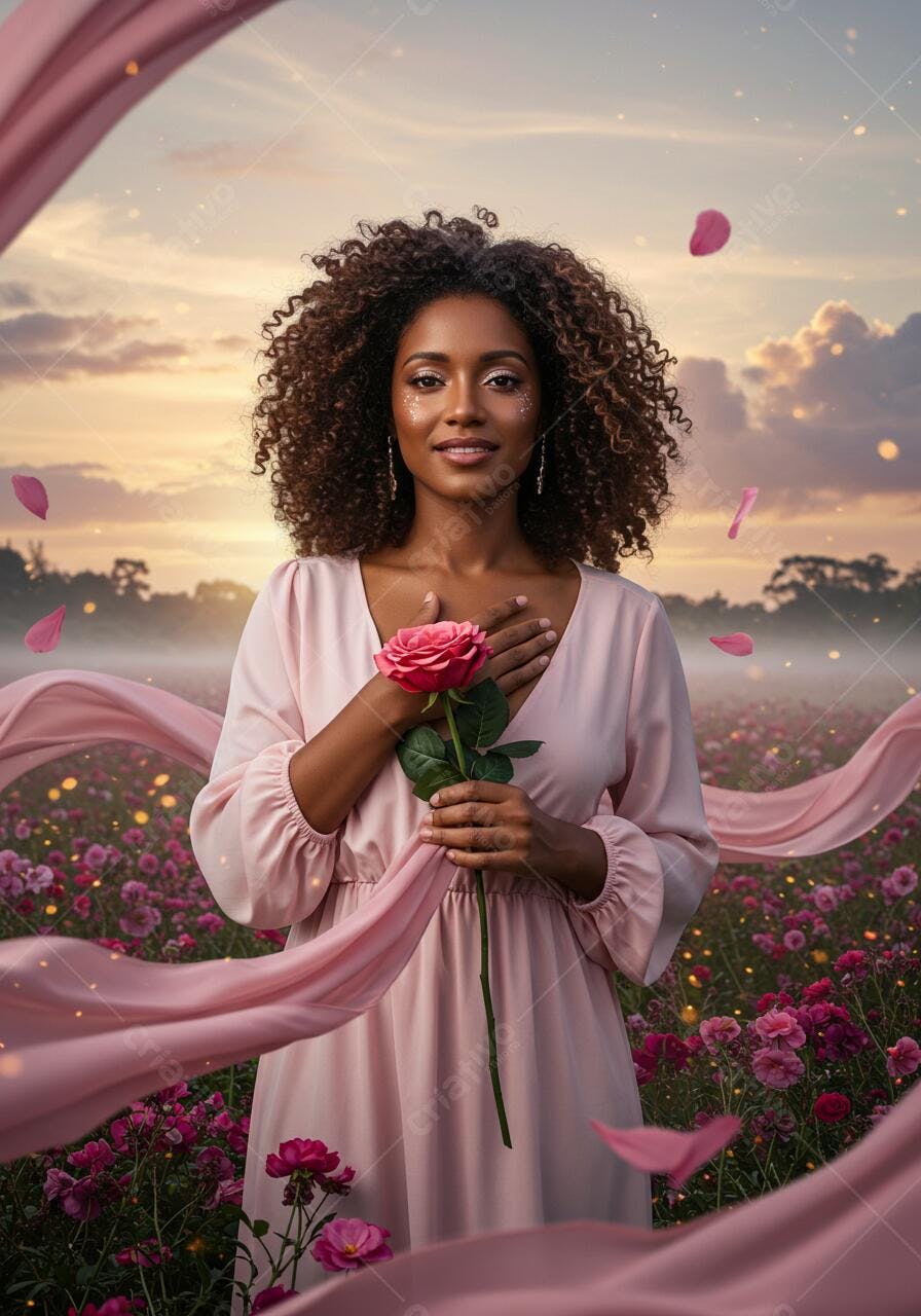 Mulher negra com rosa em campo de flores ao entardecer