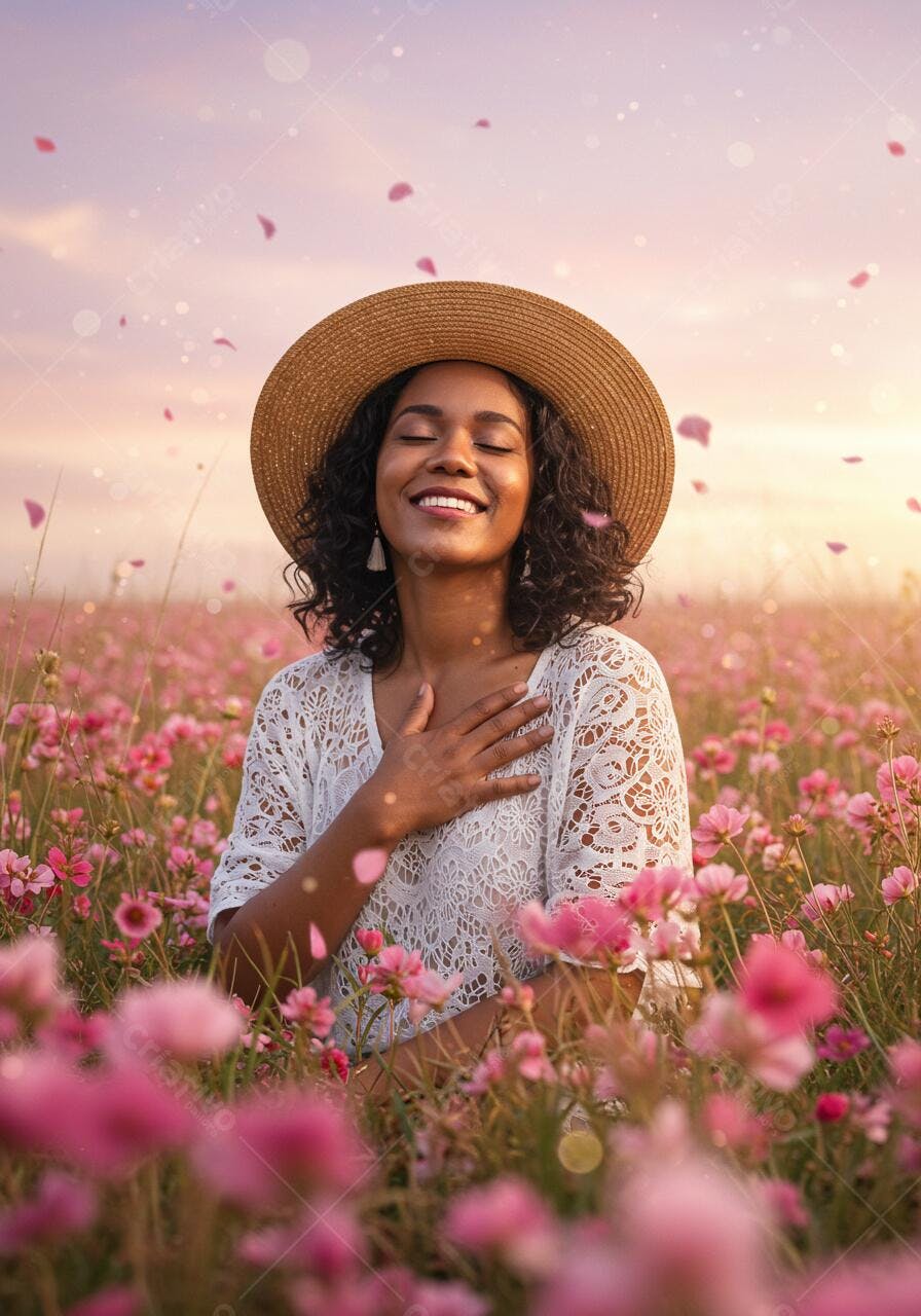 Mulher feliz em campo de flores rosa ao entardecer