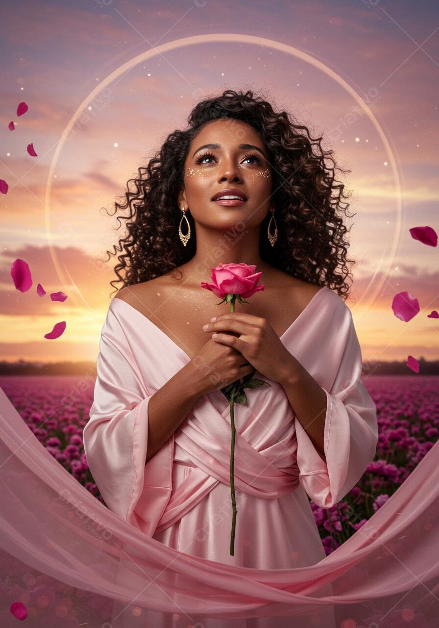 Mulher com rosa em campo florido ao entardecer