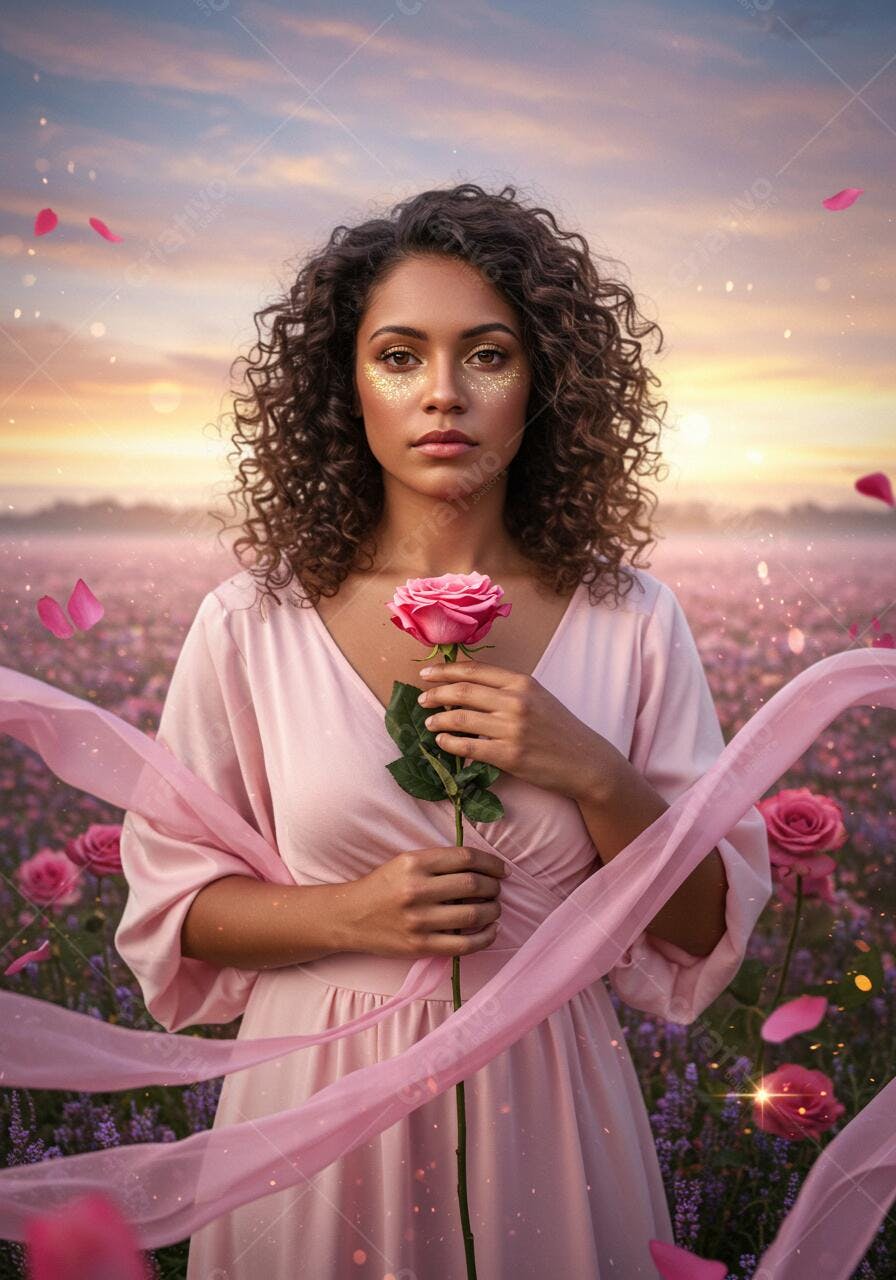 Mulher com rosa em campo de flores ao entardecer