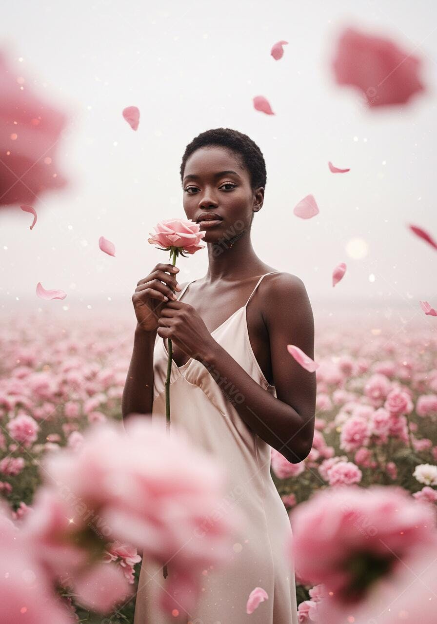 Mulher negra em campo de rosas rosa