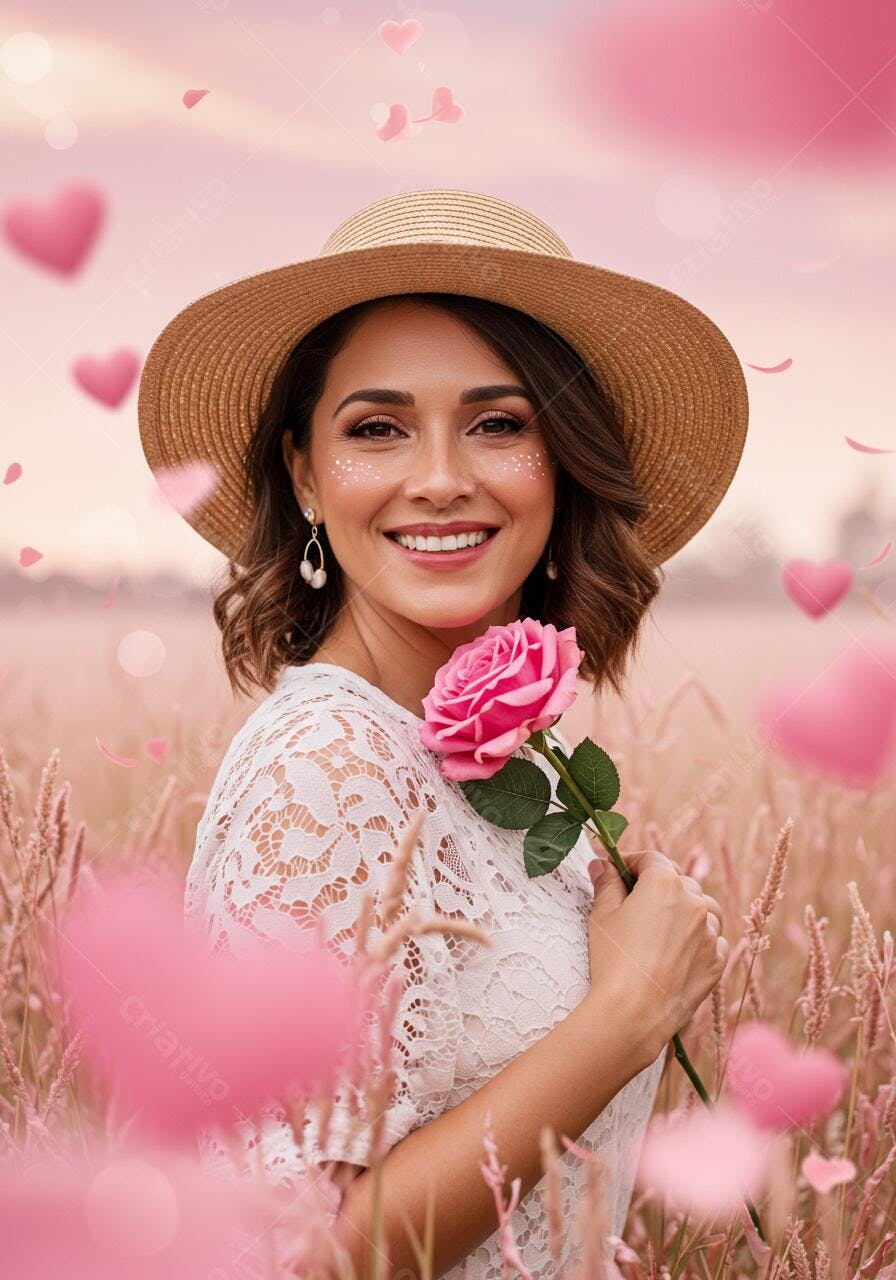 Mulher sorrindo com rosa em campo rosa
