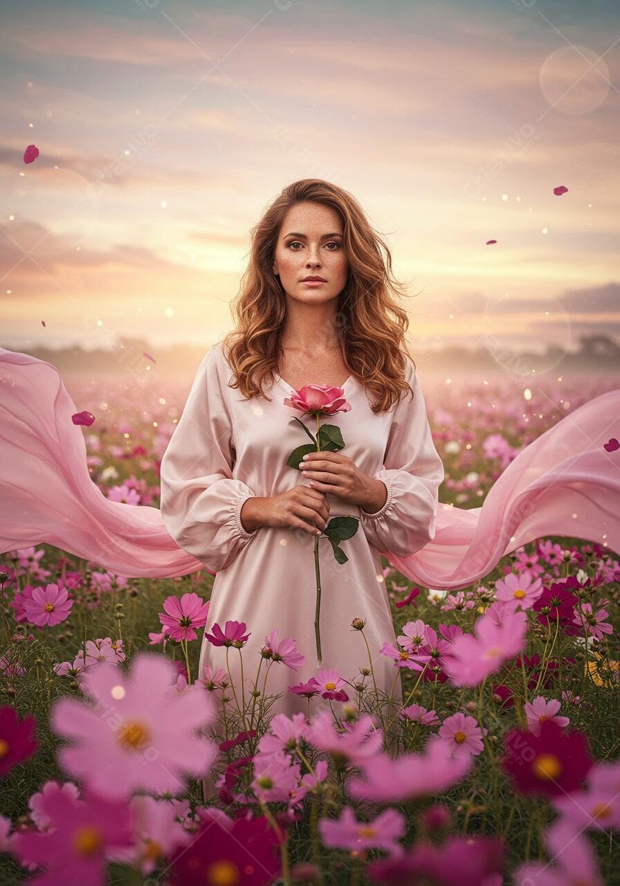 Mulher em campo de flores rosa segurando rosa