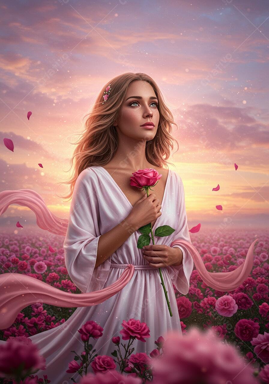 Mulher em campo de rosas ao entardecer