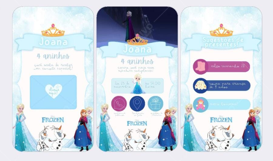Convite de Aniversário Frozen com Elsa e Anna Editável no Canva