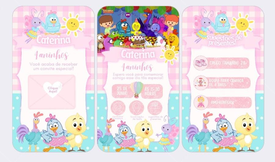 Convite Aniversário Infantil Galinha Pintadinha Rosa e Azul Editável no Canva
