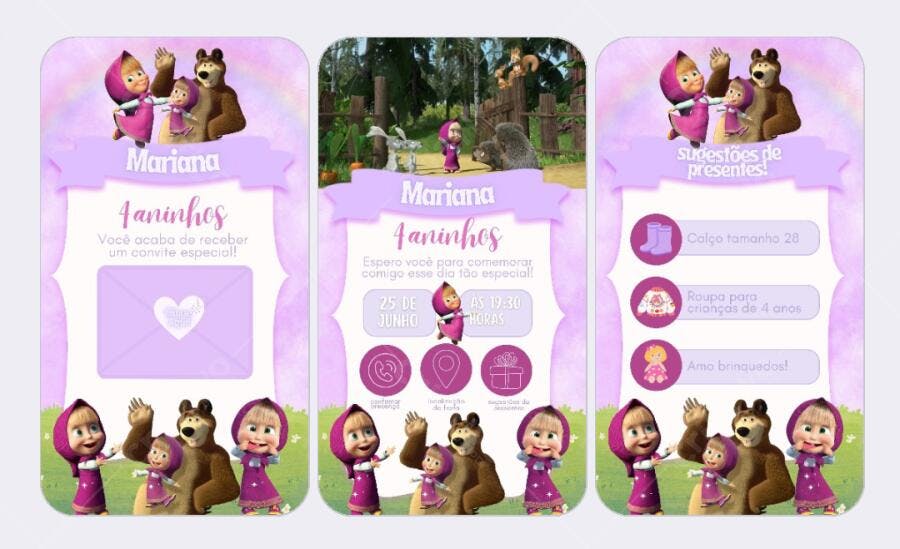 Convite Aniversário Infantil Masha e o Urso Lilás Editável no Canva