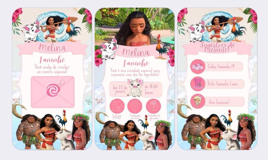 Convite de aniversário Moana 1 aninho Editável no Canva