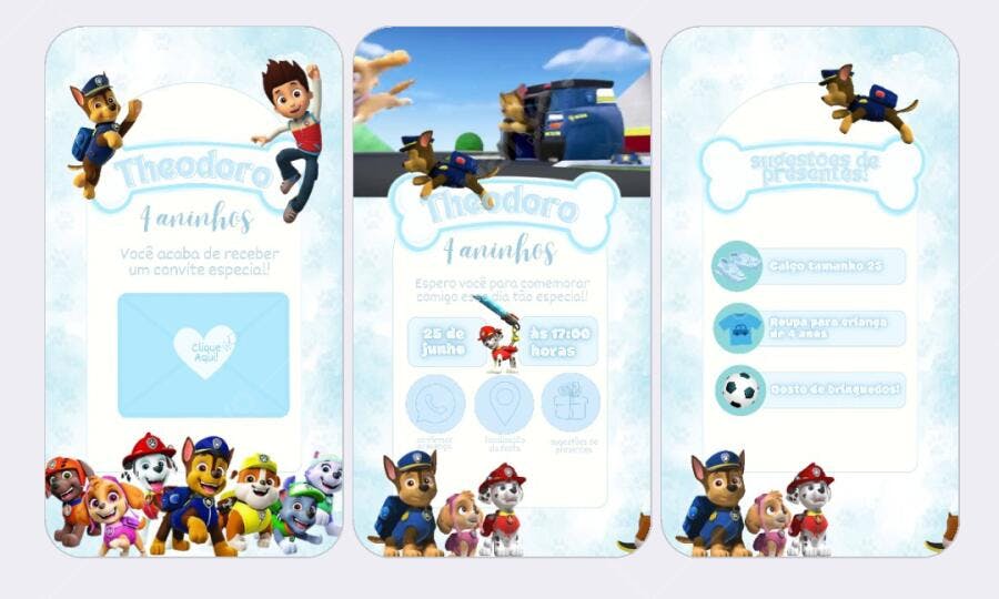 Convite de Aniversário Patrulha Canina Azul e Branco Editável no Canva