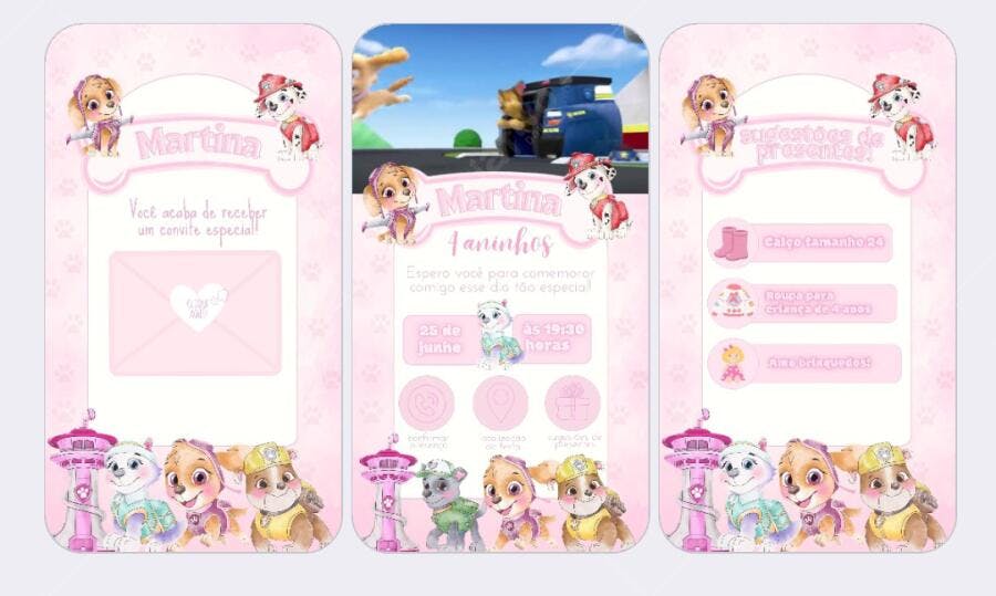 Convite de Aniversário Infantil Patrulha Canina Rosa Editável no Canva