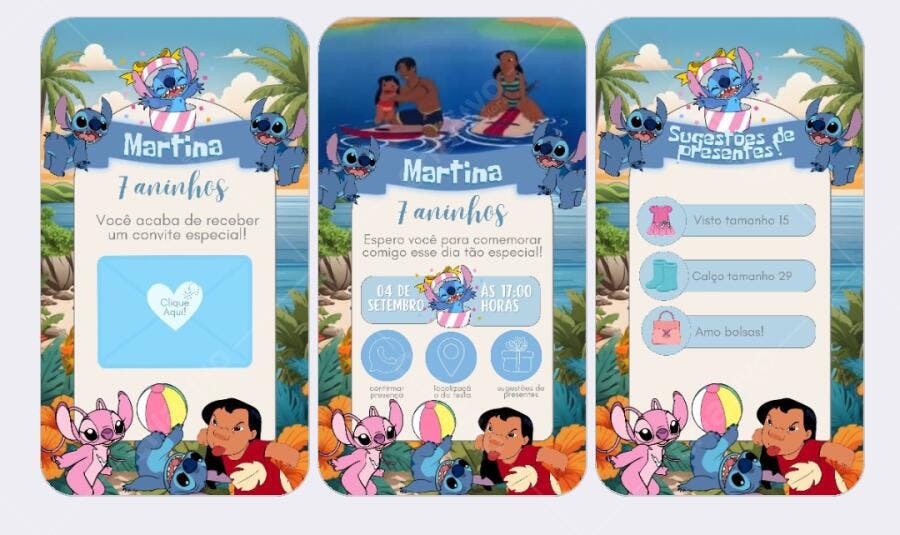 Convite Aniversário Infantil Stitch Lilo e o Stitch Praia Editável no Canva