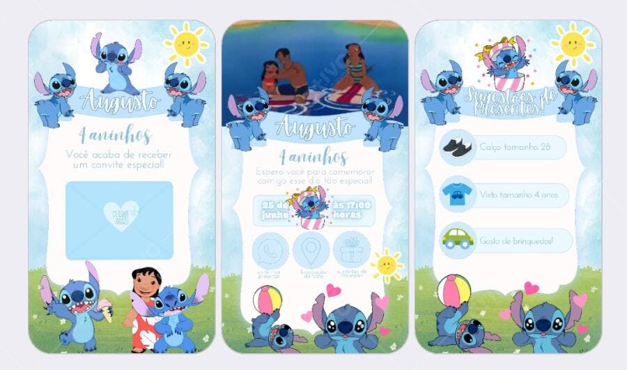 Convite de Aniversário Infantil Stitch Azul e Amarelo Editável no Canva