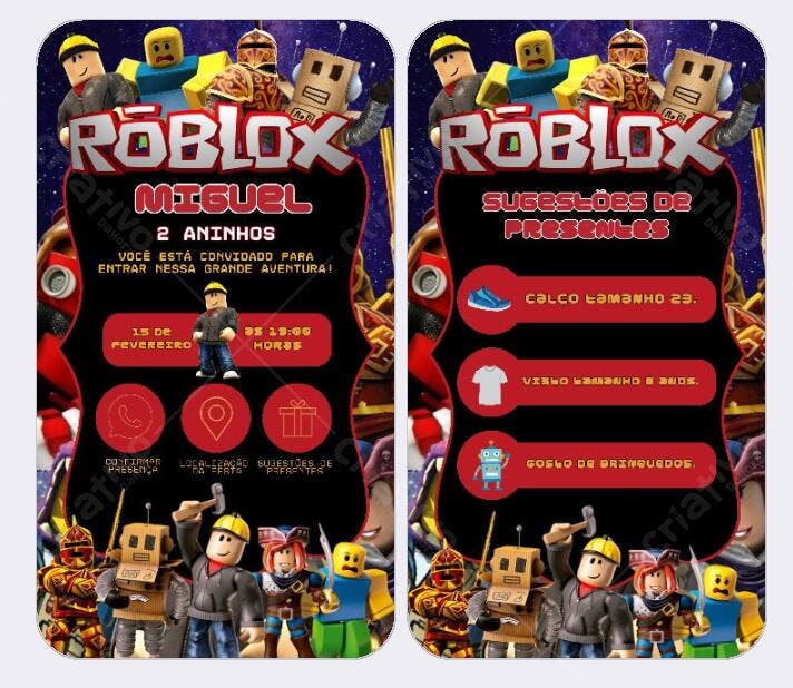 Convite de Aniversário Roblox Miguel 2 Anos Editável no Canva