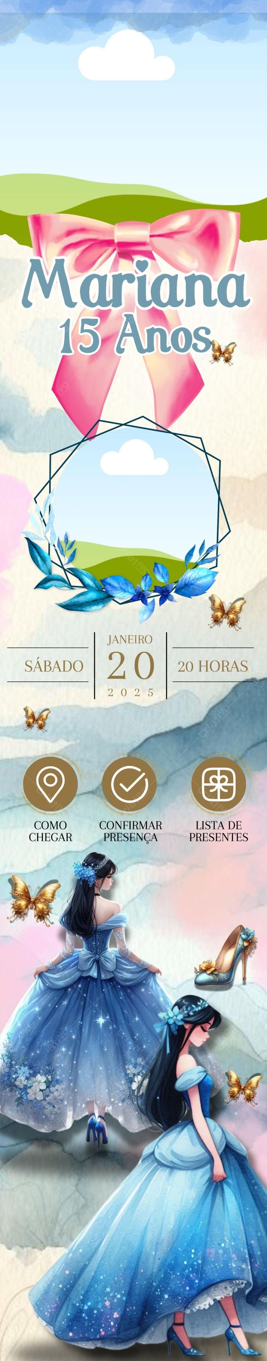 Convite de 15 anos estilo Cinderela azul e dourado Editável no Canva