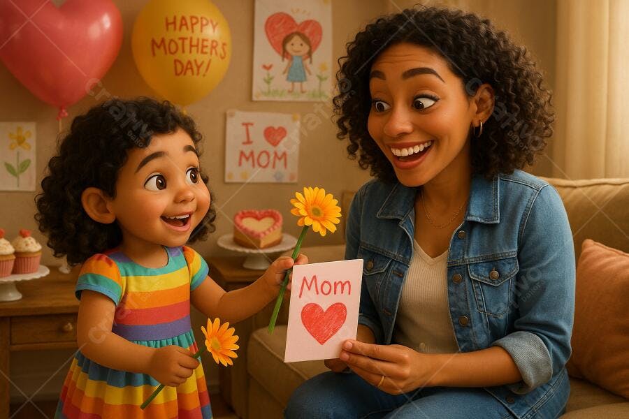 Filha dando flores e cartão para mãe no Dia das Mães