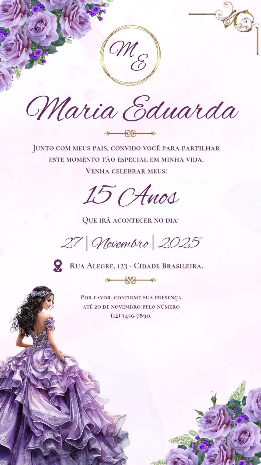 Convite 15 Anos Festa Roxa com Rosas Editável no Canva