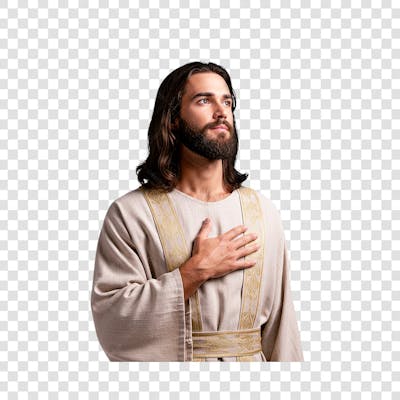 Jesus Cristo de lado olhando para cima com a mão no peito