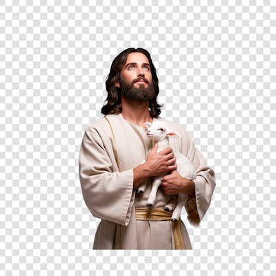 Jesus Cristo de lado olhando para cima com um filhote de carneiro nos braços