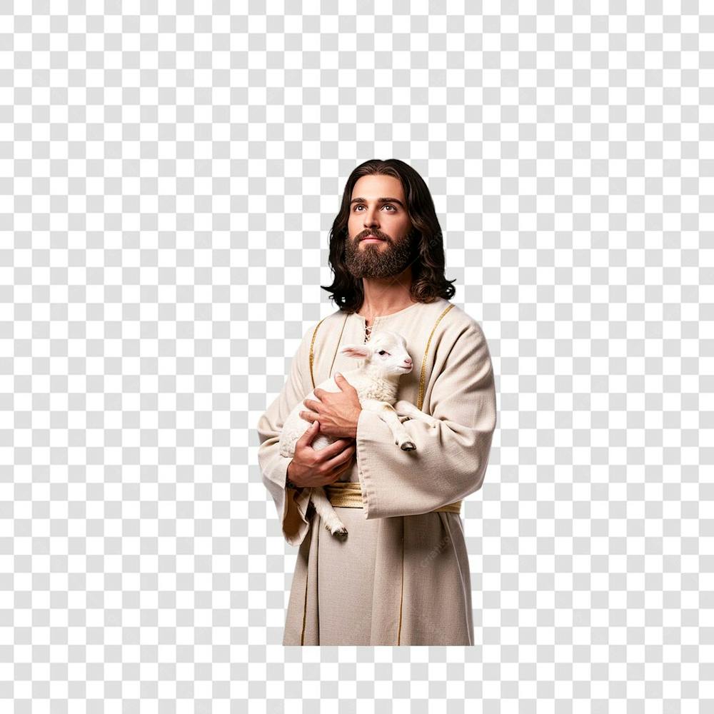 Jesus Cristo de lado olhando para cima com um filhote de carneuro nos braços