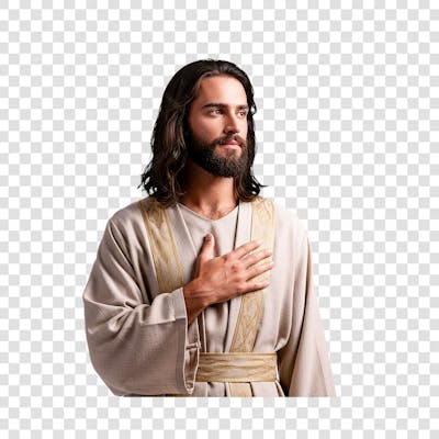 Jesus Cristo de lado com a mão no peito