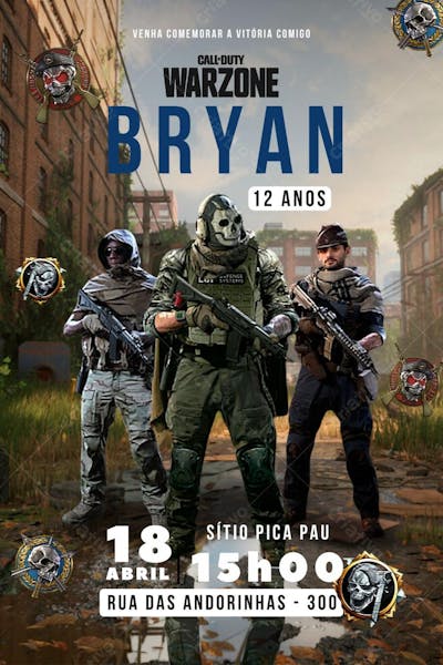 Convite de Aniversário Infantil Personalizado Call of Duty Warzone Menino Editável no Canva